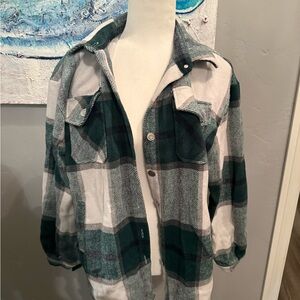 Green and White Plaid Button-Up Shirt